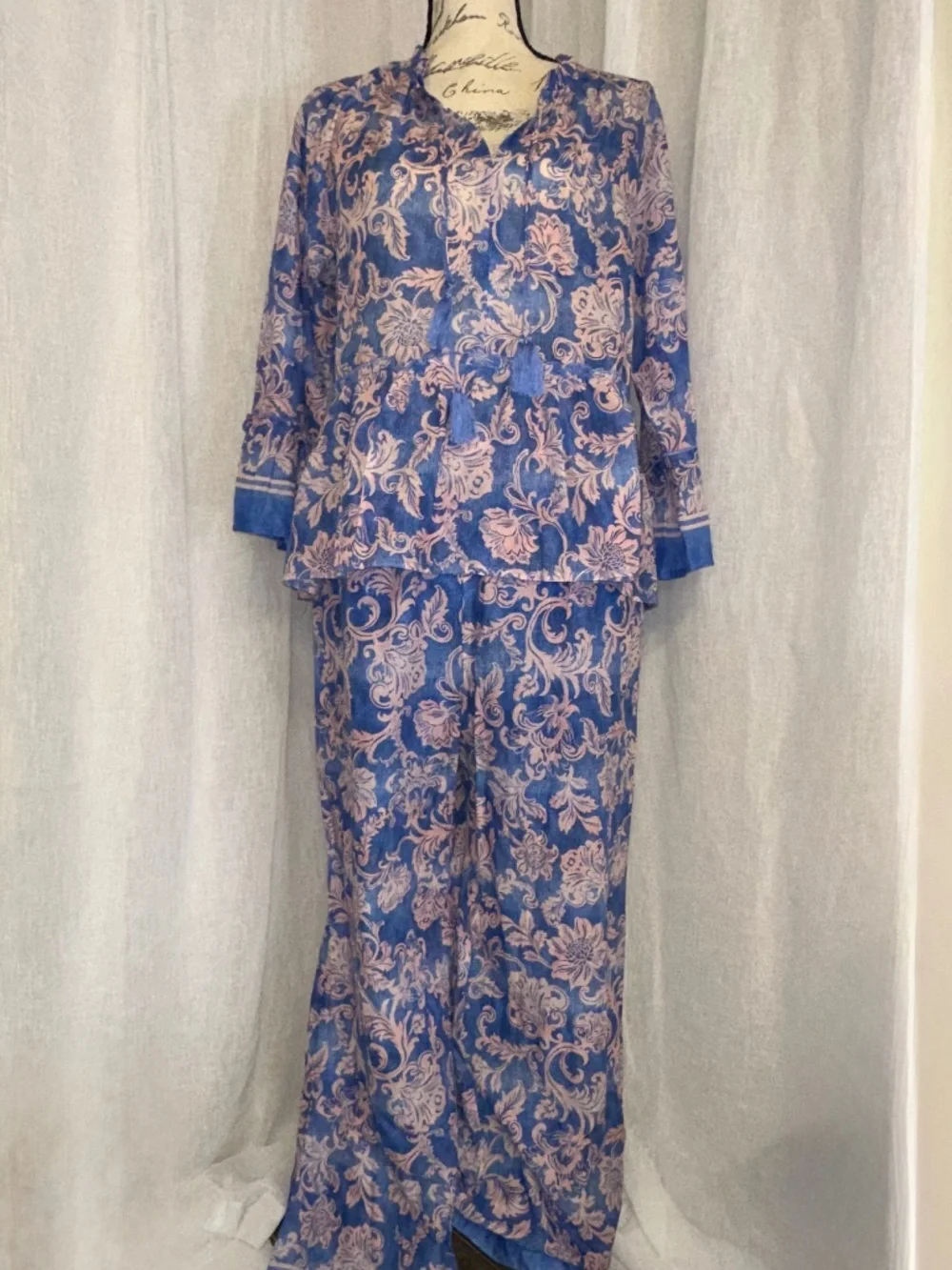 Johnny Was Workshop Florentina 2 Piece Set Blue Pink Floral Cotton Boho S/M